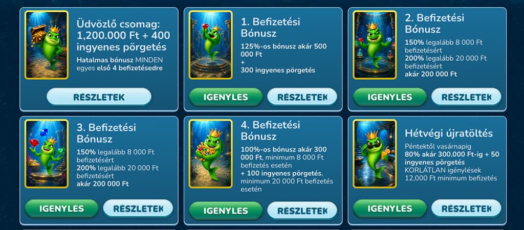 Elérhető bónuszok és VIP-program a MegaFishWins Casino oldalán.