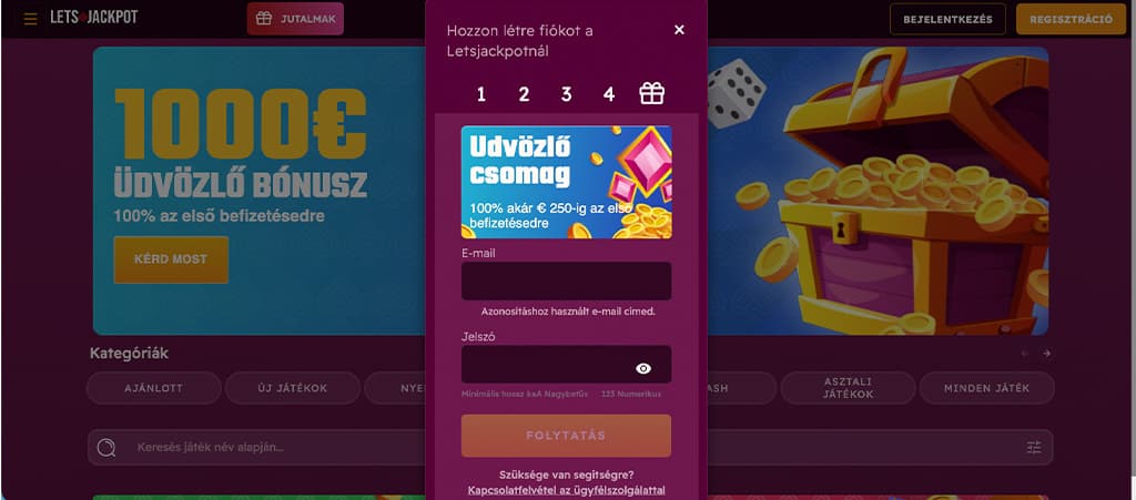 Így regisztrálhatsz a Letsjackpot casino oldalára.