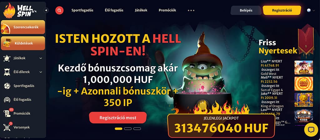 Hell Spin Casino főoldal üdvözlő bónusszal és aktuális jackpot összeggel.
