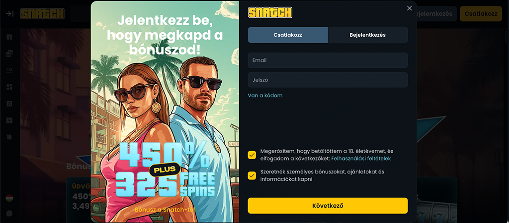 A regisztráció lépései a SnatchCasino weboldalán.