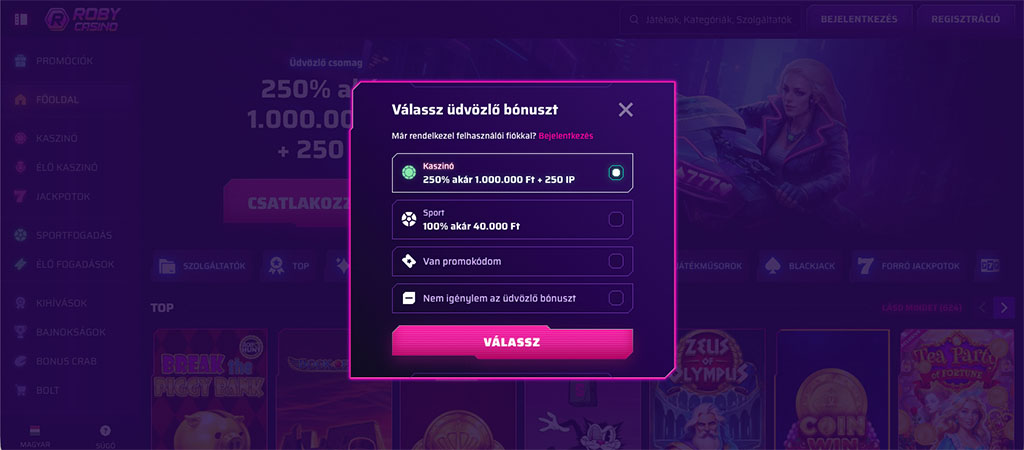Regisztráció a Roby Casino Magyar oldalán