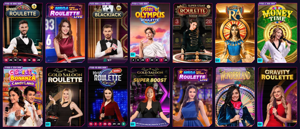 Élő osztós játékok, nyerőgépek a Roby casino felületén.