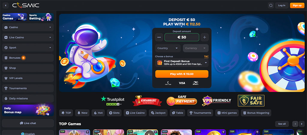 CosmicSlot Casino bónuszok és élő kaszinós játékok.