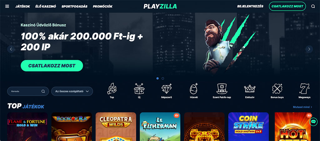 Playzilla Casino üdvözlő bónusz – 100% akár 200.000 Ft-ig + 200 ingyen pörgetés ajánlat.