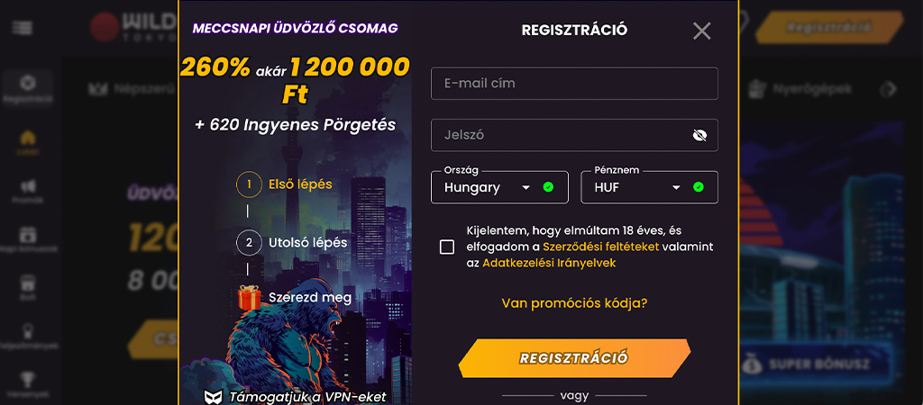 A WildTokyo fiók létrehozásának legfontosabb lépései.