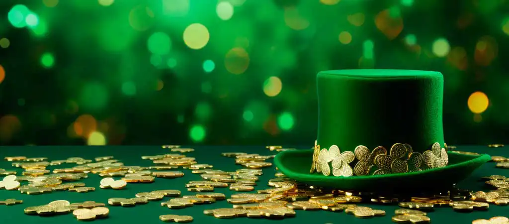 Zöld kalap arany lóhere díszítéssel, körülötte arany pénzérmék zöld felületen, háttérben zöld és sárga fényekkel.
