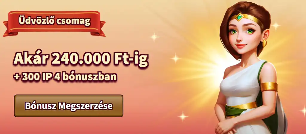 MyEmpire Casino üdvözlő csomag hirdetése női karakterrel, akár 240 000 Ft bónusz és 300 ingyenes pörgetés ajánlattal.
