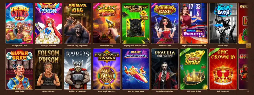 MyEmpire Casino játékválaszték, ahol több nyerőgép és játék látható, például Vikings Wild Cash és Dracula Unleashed.