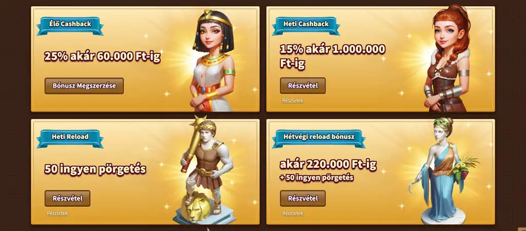 MyEmpire Casino promóciók: élő cashback 60 000 Ft-ig, heti cashback 1 000 000 Ft-ig, ingyen pörgetések és hétvégi bónusz.