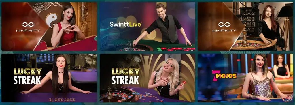 Élő kaszinó játékok: Winfinity, SwinttLive, Lucky Streak, 7Mojos, rulett, blackjack, profi krupiék társaságában.