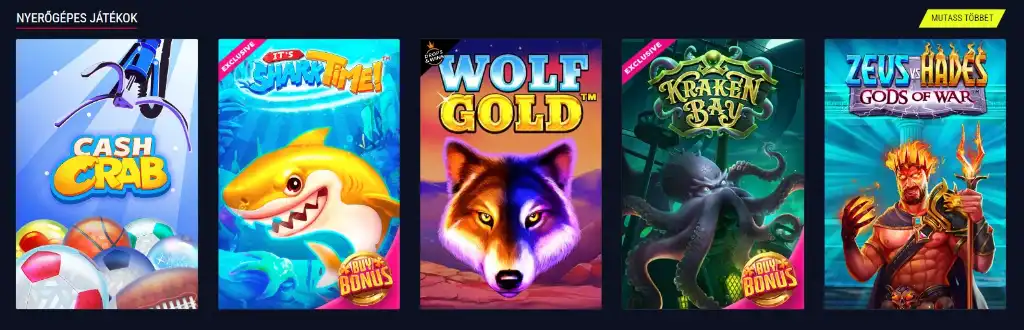Rabona nyerőgépes játékok: Cash Crab, Shark Time, Wolf Gold, Kraken Bay, Zeus vs Hades, izgalmas online slotok.