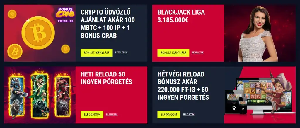 Rabona kaszinó bónuszok: kripto ajánlat, Blackjack liga, heti és hétvégi ingyen pörgetések, reload bónuszok.