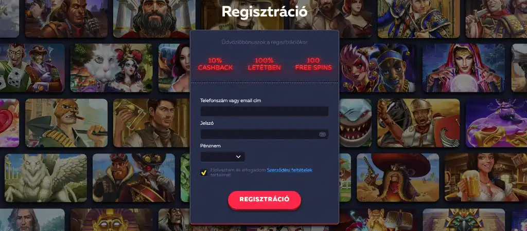 Regisztrációs oldal Vavada kaszinóhoz, 10% cashback, 100% befizetési bónusz és 100 ingyenes pörgetés ajánlattal.