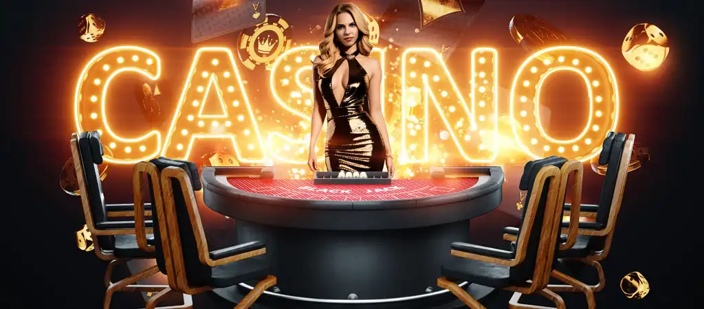 Női krupié fekete-arany ruhában blackjack asztalnál, háttérben fénylő CASINO felirat, fekete háttér és lebegő zsetonok, kártyák.
