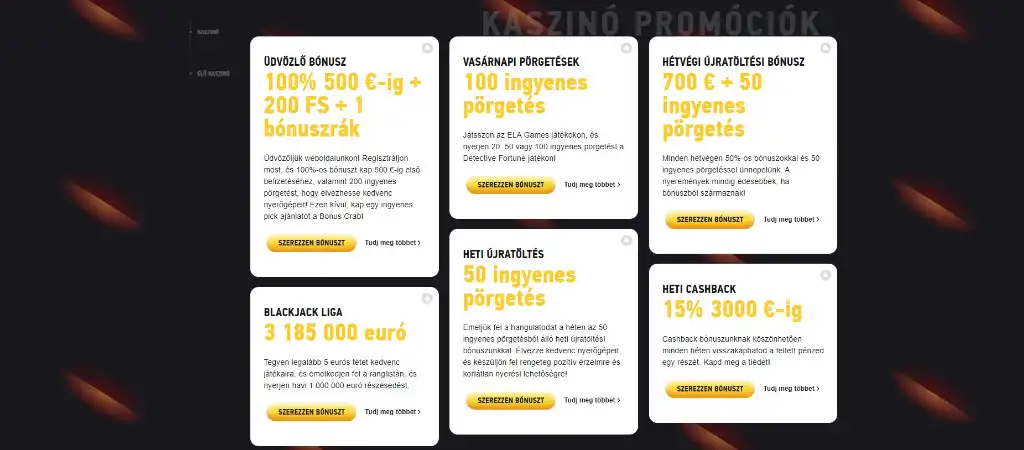 FEZBET bónusz: 100% akár 500 € + 200 ingyen pörgetés + bónuszrák, vasárnap 100 pörgetés, cashback 15% 3000 €-ig.