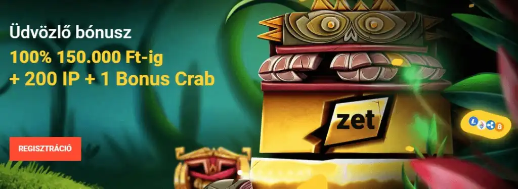 Zet Casino üdvözlő bónusz 100%, akár 150.000 Ft + 200 IP és 1 bónusz rák ajándék regisztráció után.