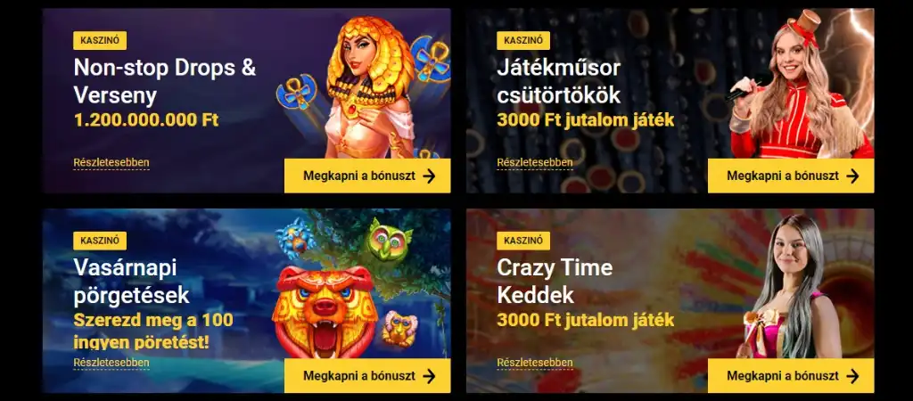 Zet Casino bónuszok: Non-stop Drops verseny, játékműsor csütörtök, vasárnapi 100 ingyen pörgetés, Crazy Time jutalom.