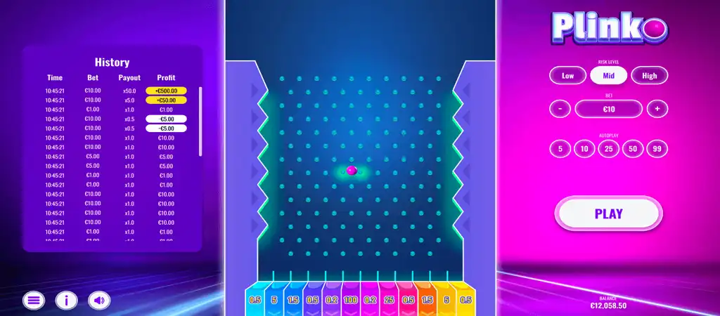 Online Plinko játék felület színes golyóval és fogadási opciókkal, modern kaszinó játék vizuális megjelenítése.