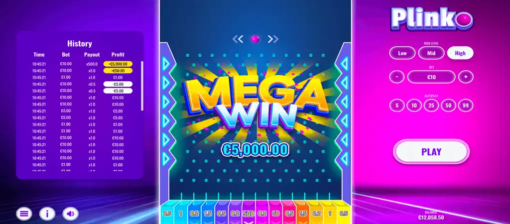 Online Plinko játék nyeremény kijelzővel és fogadási lehetőségekkel, dinamikus kaszinó játék megjelenítés.