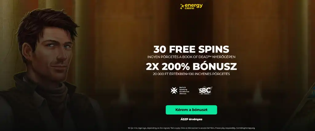 Fizetési oldal a Energy Casino oldalán, amely a 30 ingyenes pörgetést a Book of Dead nyerőgépen és üdvözlő bónuszt mutat be.