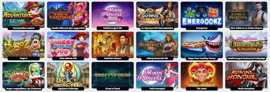 Az Energy Casino nyerőgépeinek oldala, amelyen népszerű játékok láthatók, mint a Pandastic Adventure és a Moon Princess.