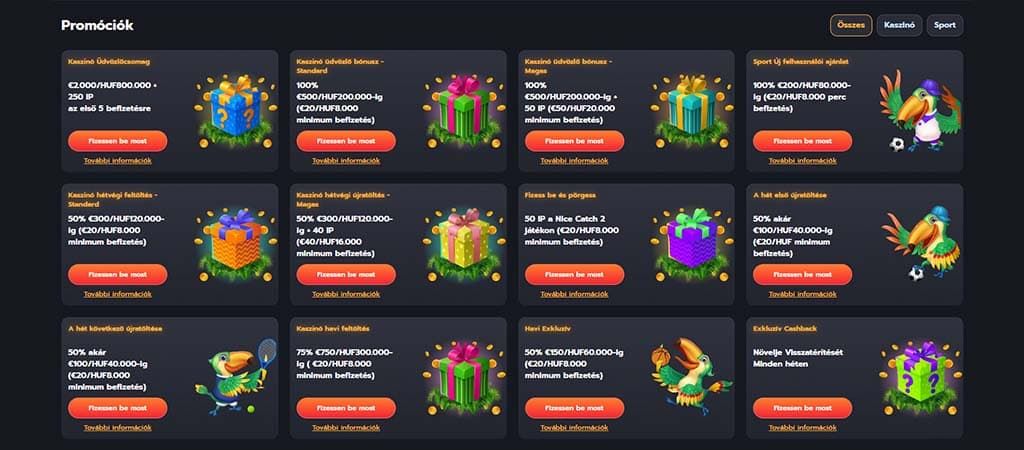 Flappy Casino promóciók oldal, ajándékdobozok, kuvik madár grafikákkal, bónuszok részletei és akciók.
