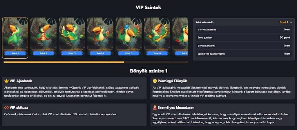 Flappy Casino VIP szintek és előnyök, kuvik madár karakterekkel, pontok, bónuszok, személyes menedzser és pénzügyi előnyök ismertetése.