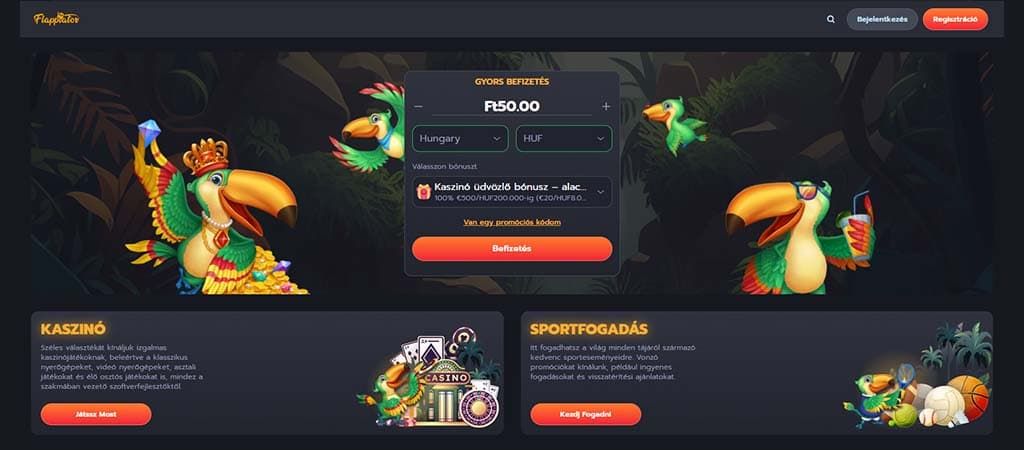 Flappy Casino főoldal gyors befizetés funkcióval, kuvik madár animációkkal, kaszinó és sportfogadás kategóriák bemutatása.