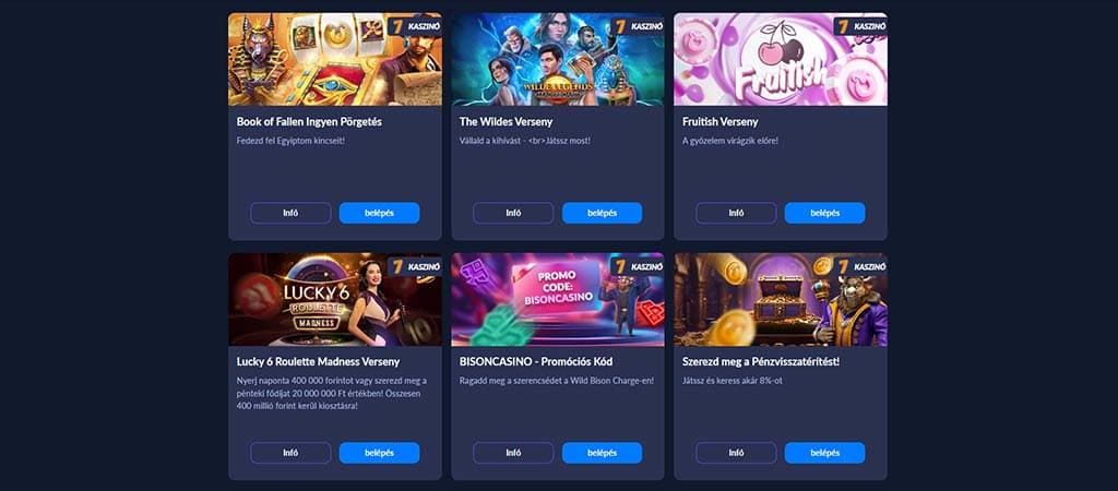 Bison Casino versenyek és promóciók, ingyen pörgetések, bónuszok, pénzvisszatérítés akár 8%-ig. Csatlakozz és nyerj!