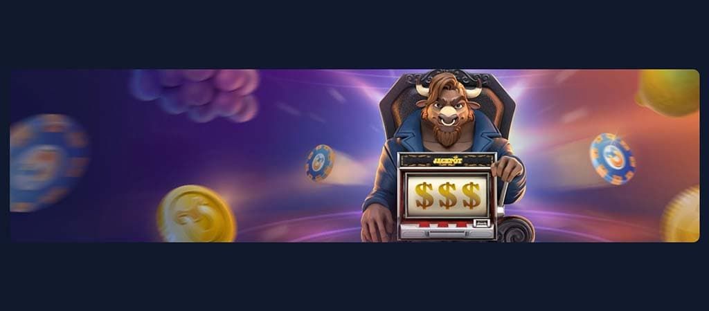 Bison Casino kabala bika karakter egy nyerőgéppel, kaszinó játék és nyeremény szimbólumok körülötte.