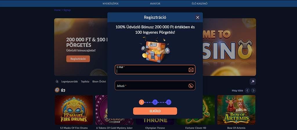 Bison Casino regisztrációs űrlap felület, üdvözlő bónusz ajánlat, e-mail és jelszó mezőkkel.