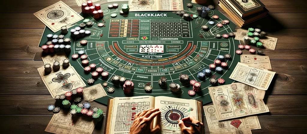 Régi stílusú blackjack asztal, zsetonokkal és jegyzeteket készítő kézzel, stratégiaalkotás élő kaszinó játékhoz.