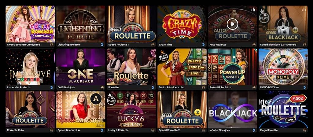 Fairspin online kaszinójátékok gyűjteménye, különböző élő osztós játékok, például rulett, blackjack, baccarat és játékshowk.