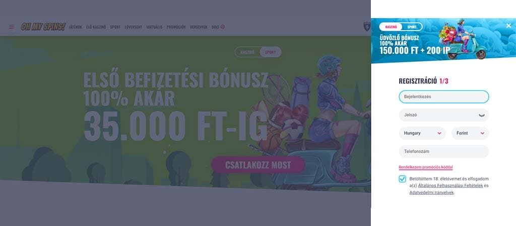 Oh My Spins kaszinó regisztrációs űrlap, nő robogón, üdvözlő bónusz 150.000 Ft-ig + 200 IP, magyar nyelvű felület.