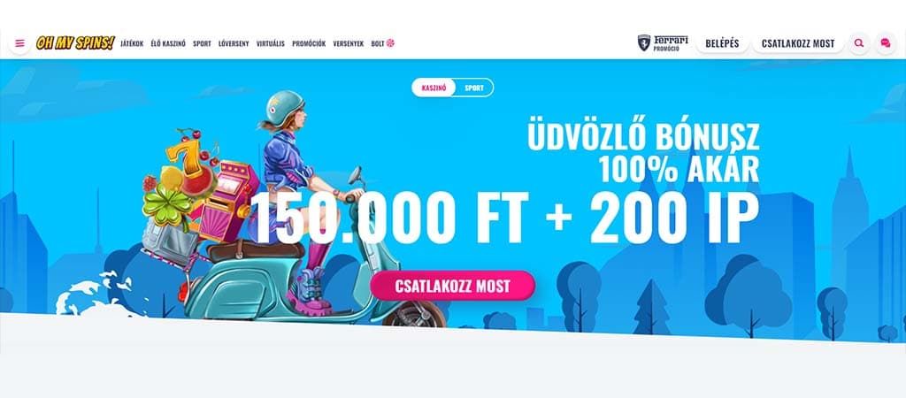 Oh My Spins kaszinó 100% üdvözlő bónusz 150.000 Ft-ig + 200 IP, nő robogón városi háttérrel, csatlakozás felhívás.
