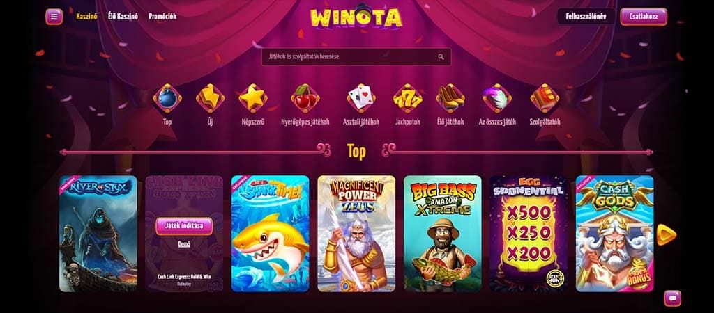 Winota Casino főoldal: cirkuszi porondot idéző háttér kabaré-táncosnőkkel, üdvözlő bónuszokkal és játékkínálattal.