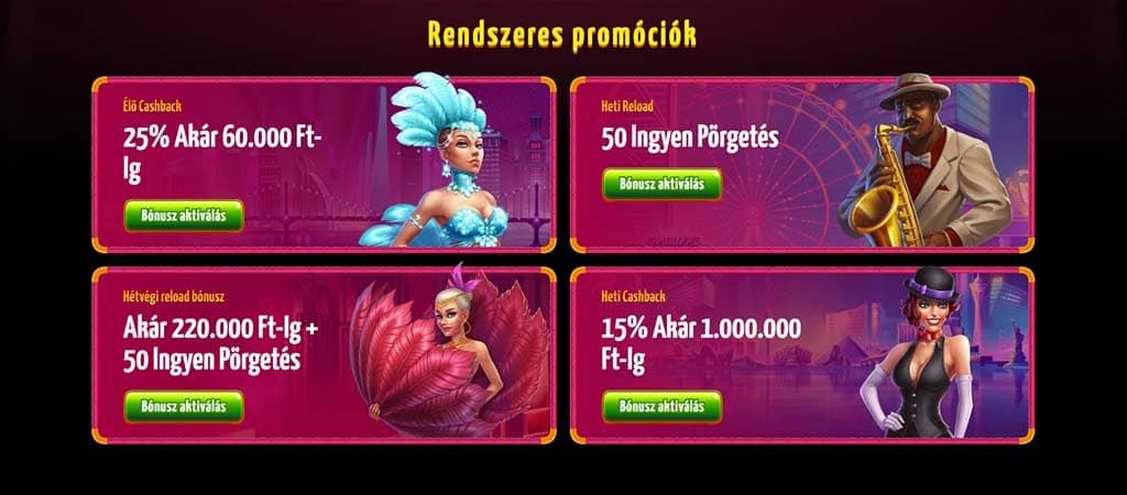 Winota Casino promóciók: heti cashback és reload bónuszok cirkuszi karakterekkel, revütáncosnőkkel és szaxofonossal.