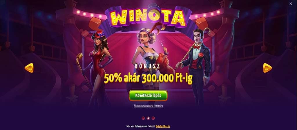  Winota Casino regisztrációs bónusz: cirkuszi porond, énekesnő, revütáncosnő és bűvész karakterek lila háttér előtt.
