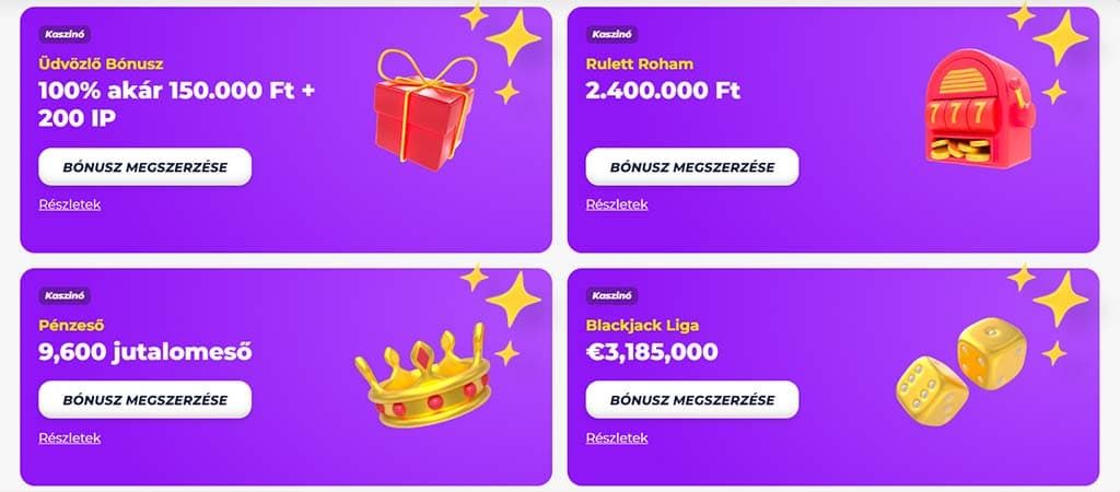 Greatwin kaszinó promóciók oldala, lilás háttér, ikonokkal és bónuszajánlatokkal, tiszta, modern dizájn, játékosbarát megjelenés.