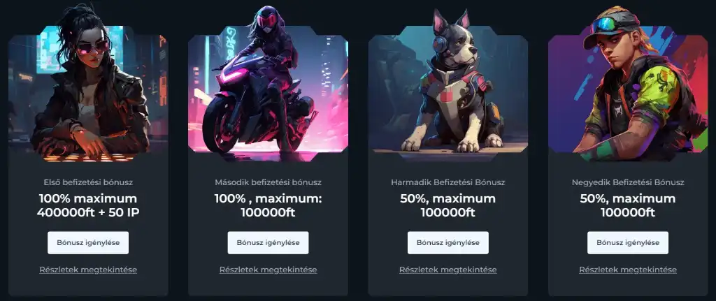 Winsane üdvözlő bónuszok: négy befizetési ajánlat cyberpunk stílusú karakterekkel és kutyával, sötét felületen.