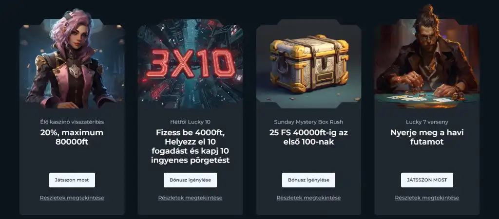 Winsane promóciók: élő kaszinó visszatérítés, hétfői pörgetések, vasárnapi meglepetés doboz és versenyek sötét háttérrel.