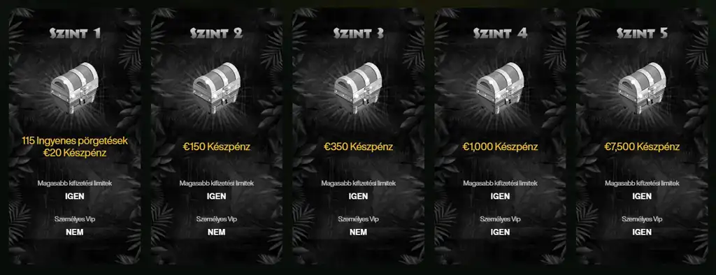 Cashwin Casino VIP szintek bemutatója, ahol az 1. szinttől az 5. szintig növekvő készpénzes jutalmak és bónuszok érhetők el.