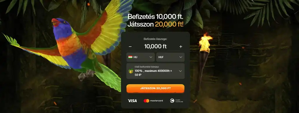 Cashwin Casino üdvözlő bónusz hirdetés színes papagájjal és bónusz ajánlattal.
