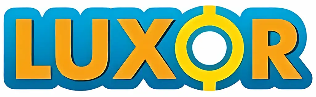 Luxor kaszinó logója élénk kék és sárga színekkel, modern és figyelemfelkeltő dizájnnal.