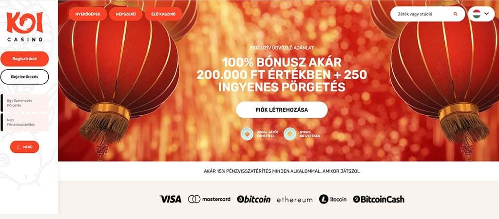 KOI Casino üdvözlő bónusz: akár 200 000 Ft + 250 ingyenes pörgetés, villámgyors kifizetések, top nyerőgépek.