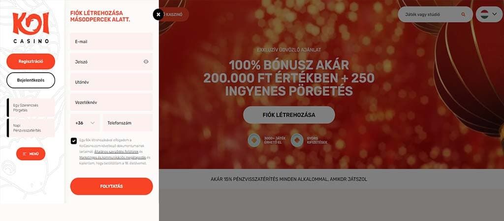 KOI Casino regisztráció másodpercek alatt, bónusz akár 200 000 Ft + 250 ingyenes pörgetés új játékosoknak.