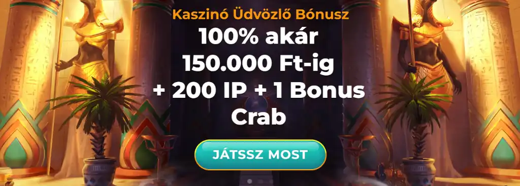 Kaszinó bónusz hirdetés egyiptomi templom háttérrel, 100% üdvözlő bónusz és extra jutalmak kiemelésével.