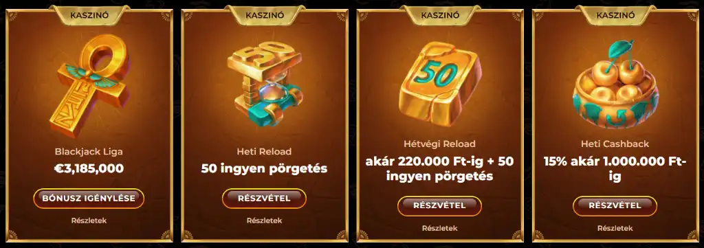 Négy kaszinó bónusz ajánlat egy képen, ingyen pörgetésekkel, cashbackkel és pénznyereményekkel kiemelve.